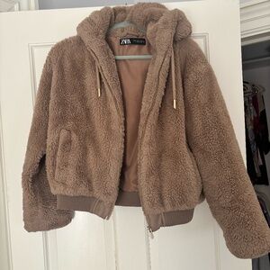 Zara Cropped Teddy Hoodie Jacket
